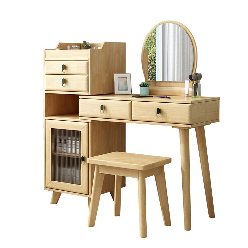 Wood Vanity Set with Stool and Mirror Scandinavian 4 Drawers Dresser