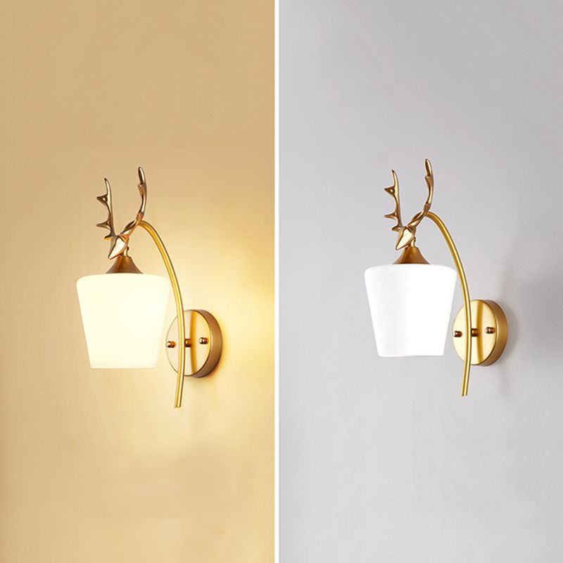 Modern Creative Antler Wall Lamp Wrought Iron Wall Sconce with White Glass Shade