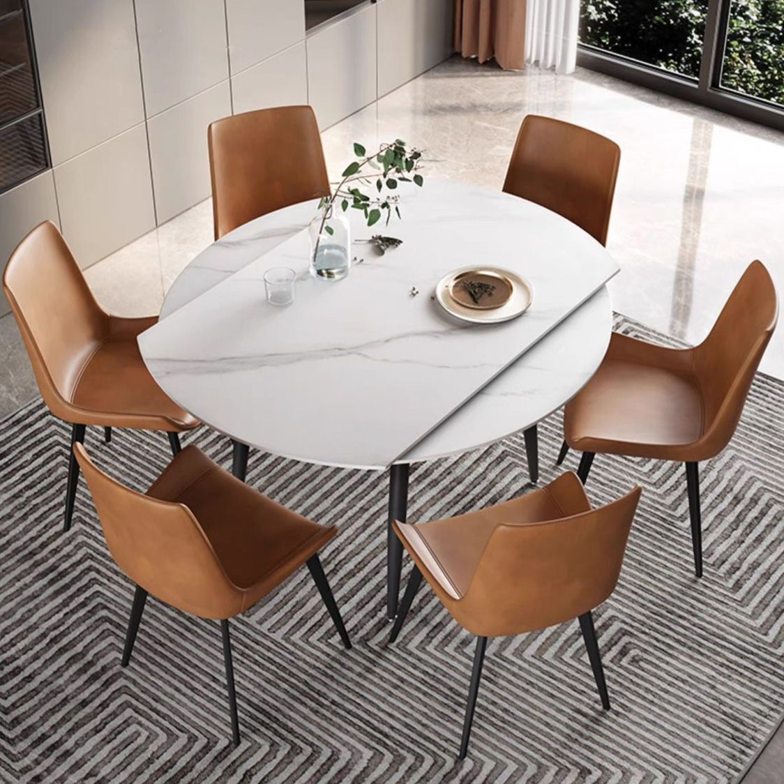 Round Dining Site Table Simplicity Stone Dining Table with Drop-Leaf,51"L x 51"W x 29.5"H