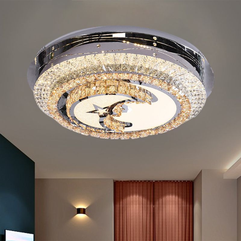 LED Round Flush Light Contemporary Stainless-Steel Crystals Flush Mounted Lamp with Half-Moon Design
