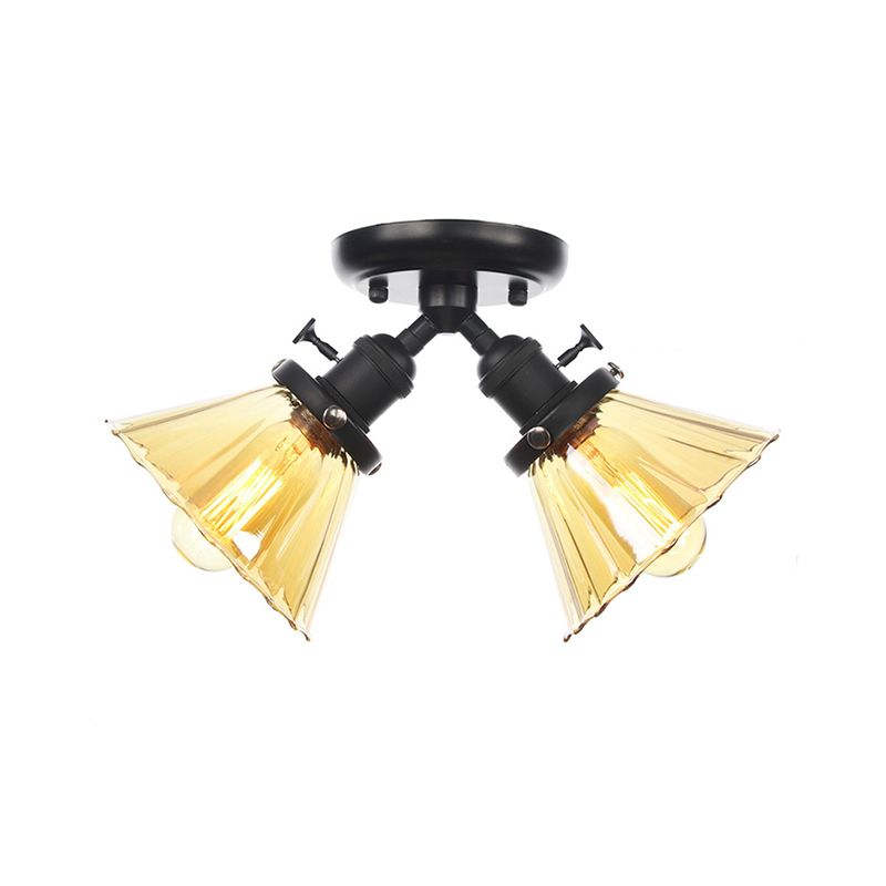 Cone Shade Bedroom Semi Mount Lighting Amber/Clear Glass 2 Heads Industrial Stylish Ceiling Flush Mount in Black/Bronze