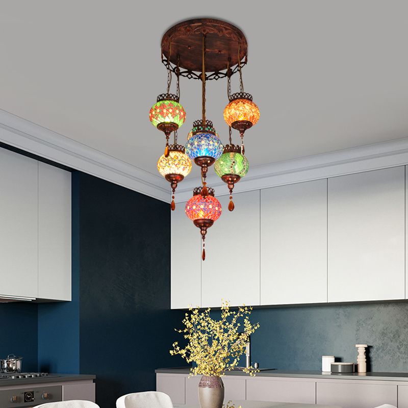 Global Cut Glass Hanging Light Bohemian 7-Head Kitchen Chandelier Lighting Fixture in Copper