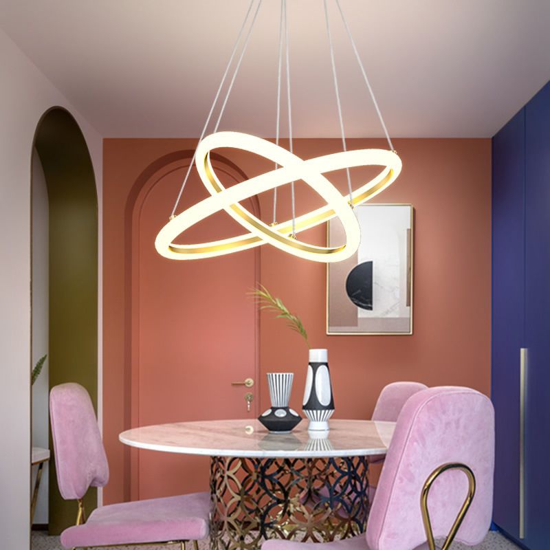 Gold Halo Ring Shaped Chandelier Artistic LED Acrylic Hanging Light Fixture over Table