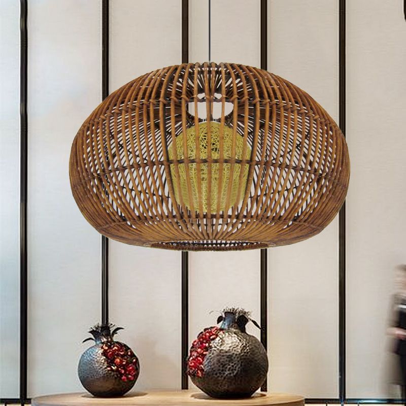1 Head Restaurant Pendant Lamp Asia Coffee Hanging Light Fixture with Lantern Rattan Shade