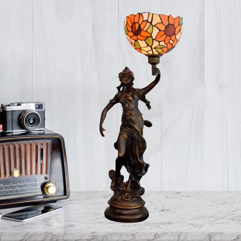 Couche de cloche inversée Éclairage 1-Light Orange / Yellow Blue Sunflower Glass Tiffany Tiffany Night lampe avec fille piédestal