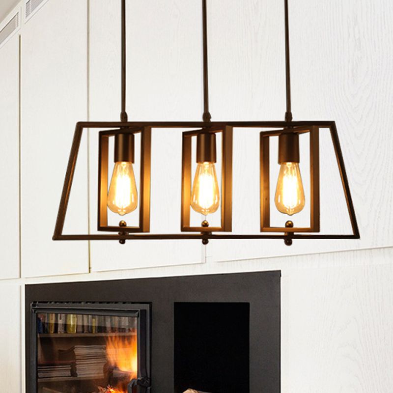 Farmhouse Trapezoid Frame isola Luce a sospensione 3 luci Metallic Island Lampadella Lampada con lampadina aperta in nero