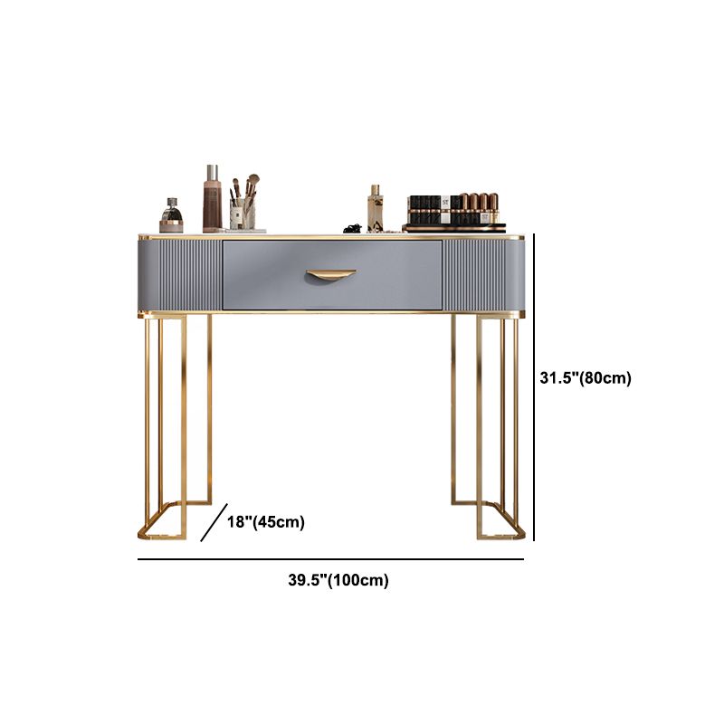 Solid Wood Drawers Vanity Set with Stone Top & Padded Stool in Grey