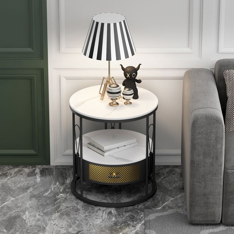 Modernistic Metal Frame 1-Drawer Round Living Room Side Table