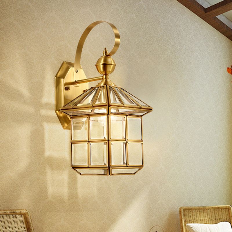 Cage Metal Sconce Light Traditionalism 1-Bulb Brass Bedroom Wall Light Fixture