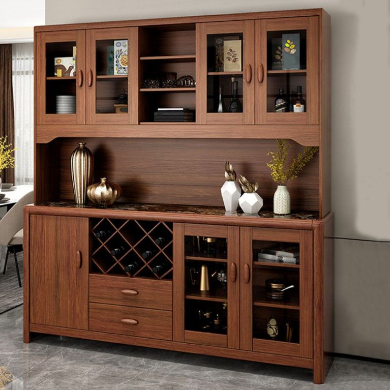 Ultra Modern Rubber Wood Dining Hutch Glass Doors Storage Cabinet with Drawers