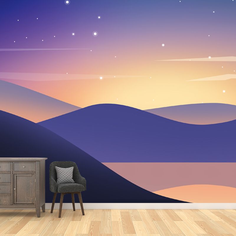 Modern Night River View Mural Purple-Yellow Twinkling Stars Wall Covering for Home