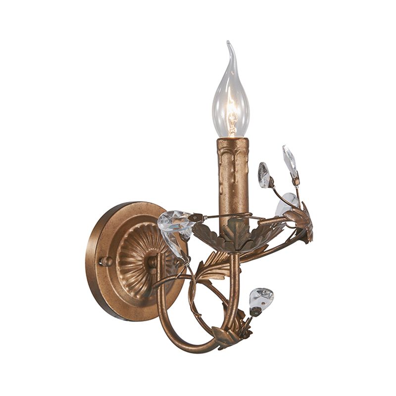 Vintage Candle Wall Sconce Light 1 Light Brass Metal Wall Mount Light with Crystal Accent