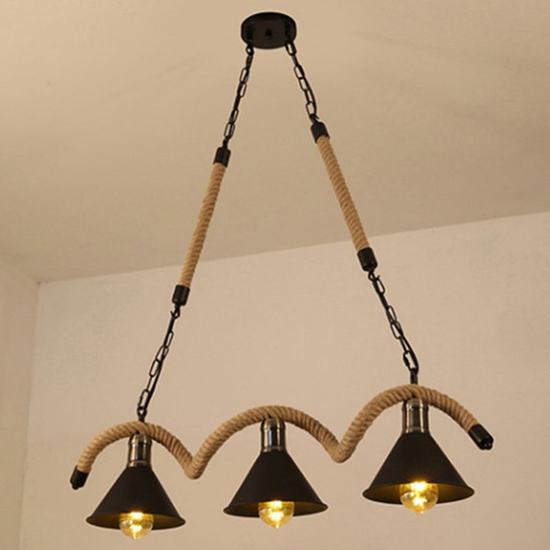 Wave-shaped Hemp Rope Island Lamp Industrial Retro Black Metal Saucer Shade Pendant Light for Bar