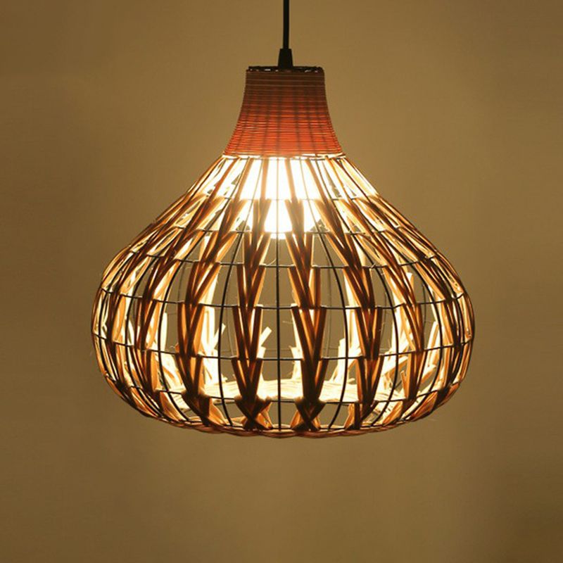 Rattan Cage Pendulum Light Country 1 Bulb Beige Hanging Ceiling Light for Restaurant