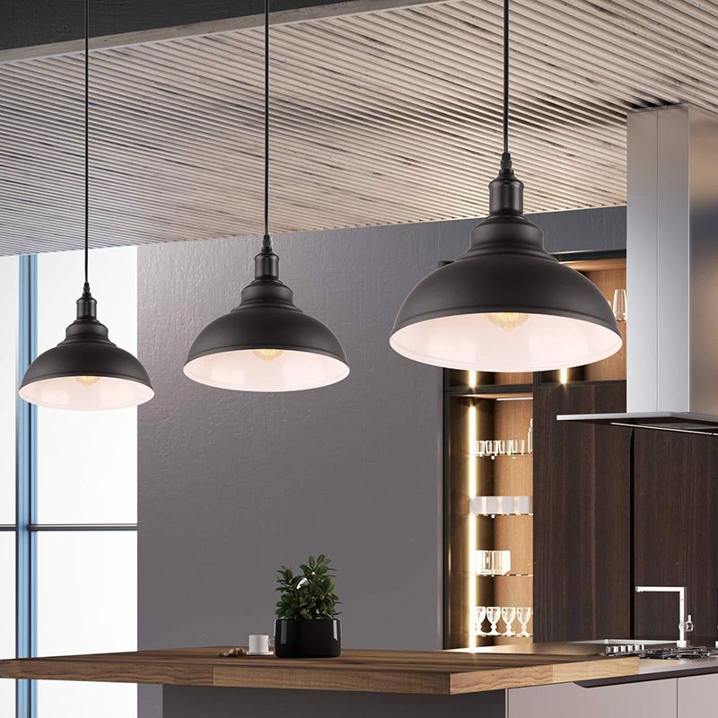 Black Outer & White Inner Pot Lid Ceiling Light Industrial Metallic 1 Bulb Restaurant Hanging Pendant Light