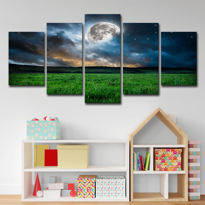 Green Meadow Landscape Wall Art Starry Moon Night Fictional Multi-Piece Canvas Print