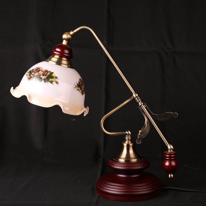 Luz de mesa de tazón retro con volantes 1 cabeza lámpara de vidrio blanco de vidrio con brazo de palanca marrón rojo dorado