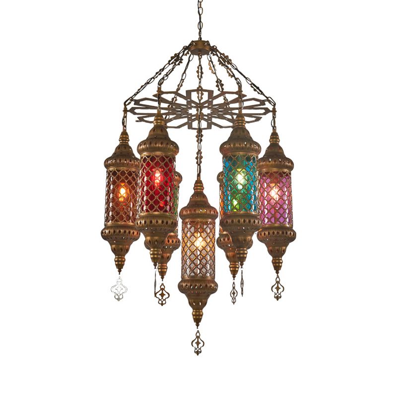 Brass Cylinder Pendant Lighting Industrial Stained Glass 7 Bulbs Restaurant Ceiling Chandelier
