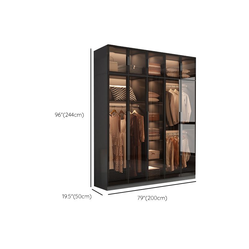 Freestanding Grey Wood Frame Wardrobe Modern Multifunctional Wardrobe with Glass Doors