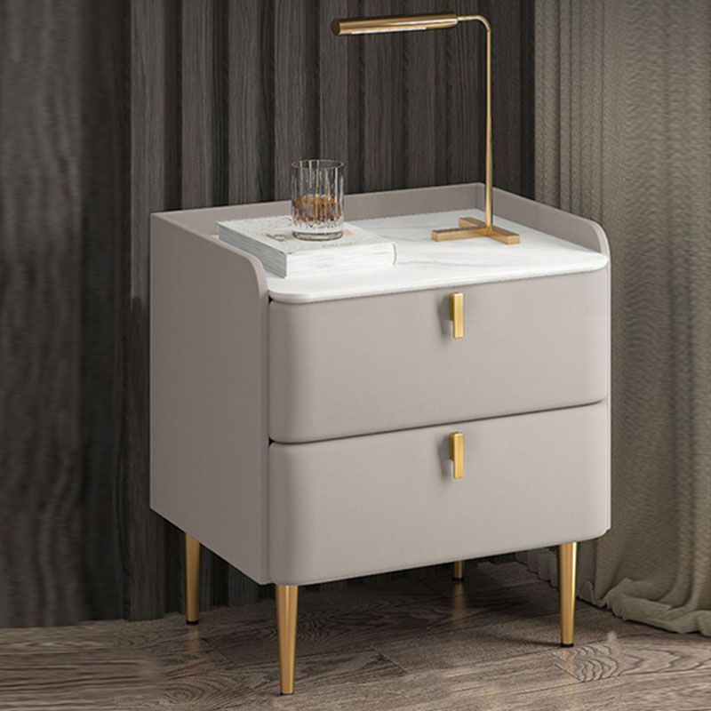 Contemporary Solid Wood Nightstand Stone Top Night Table with Drawers