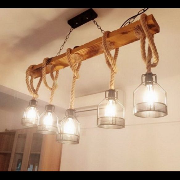 5-Head Rope Pendant Lamp Industrial Beige Linear Restaurant Island Light with Cage