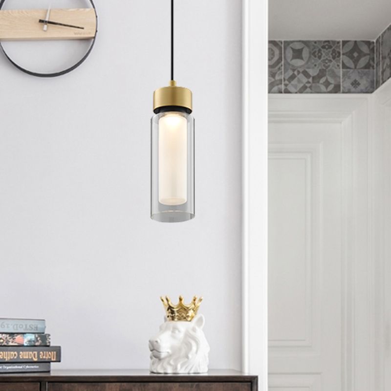 Simplicity 1 Light Drop Lamp Black and Gold Cylindrical LED Down Mini Pendant with Clear Glass Shade