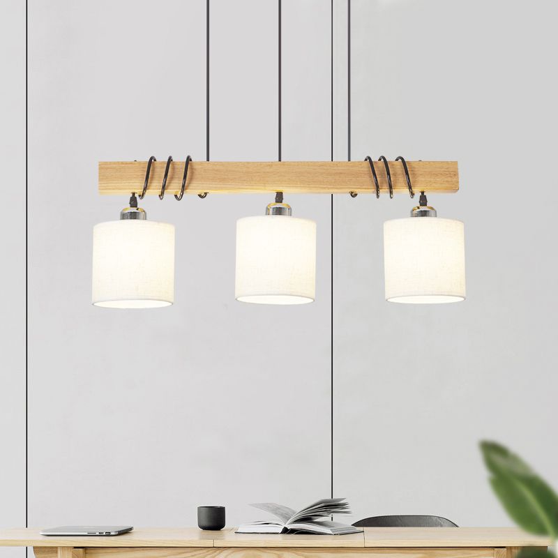 Cylindrical Dining Room LED Hanging Light Fabric Nordic Style Island Ceiling Light in Wood