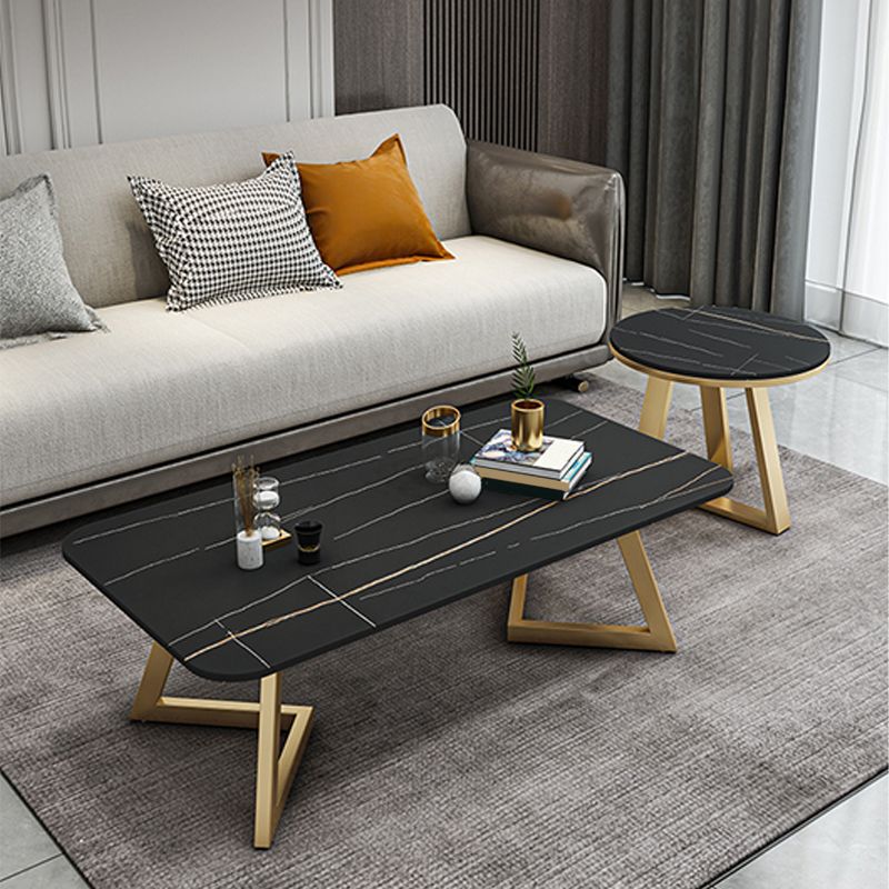 Glam Rectangle Stone Top Coffee Table with Iron Legs Cocktail Table