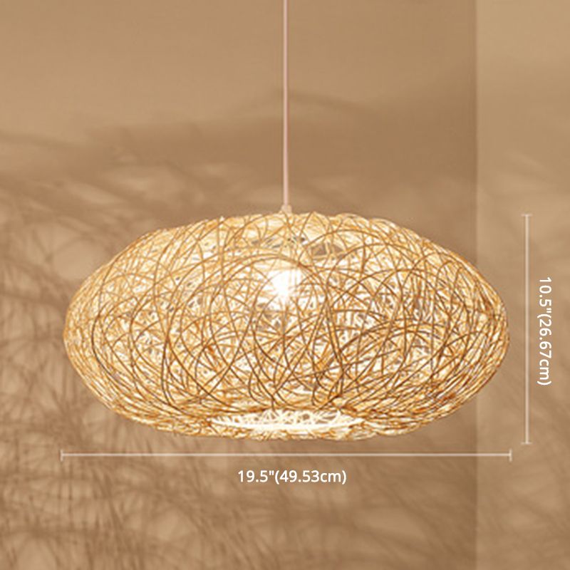 1 Light Rounded Drum Hanging Ceiling Lights Chinese Rattan Suspension Pendant Light for Restaurant