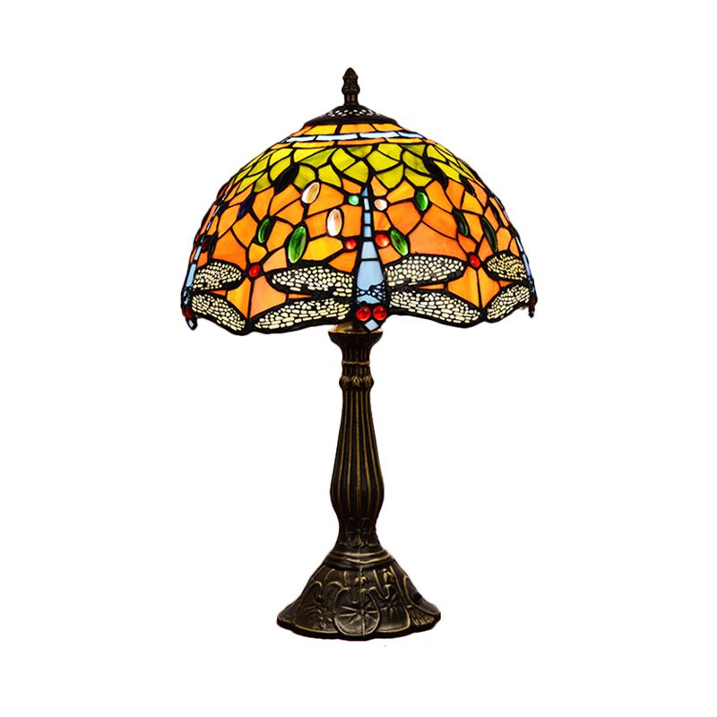Dragonfly Table Light 1-Head Stained Art Glass Tiffany Night Lamp in White/Yellow/Orange for Living Room