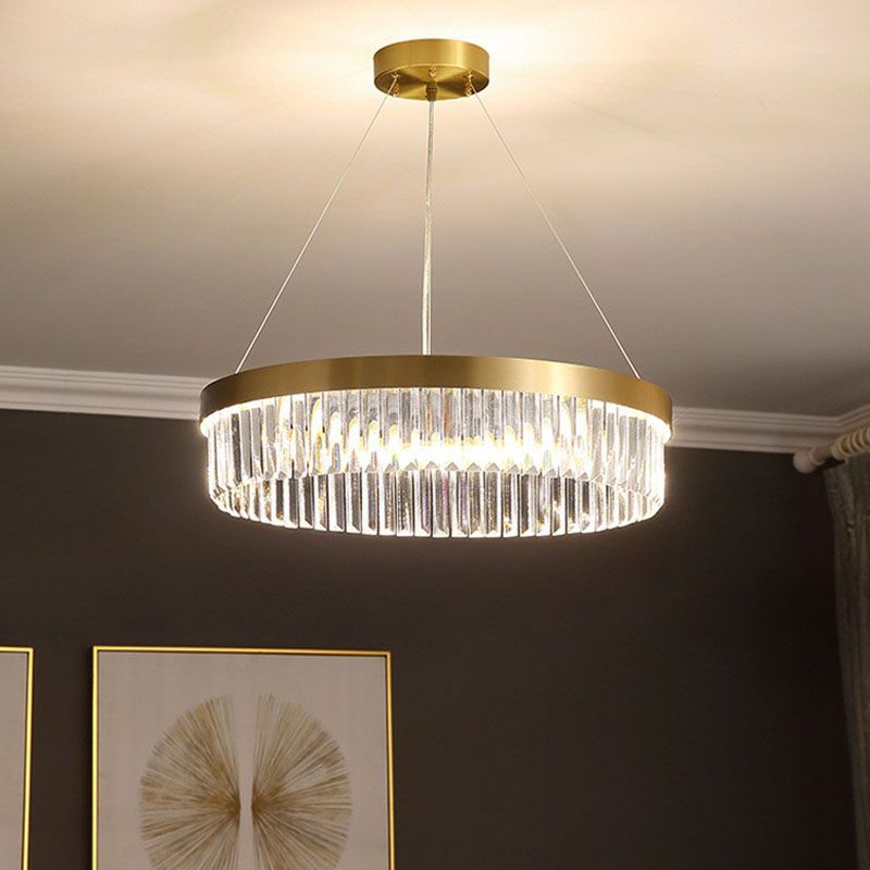 Circular Crystal Prism Suspension Light Modern Style Single Gold Chandelier Light for Living Room