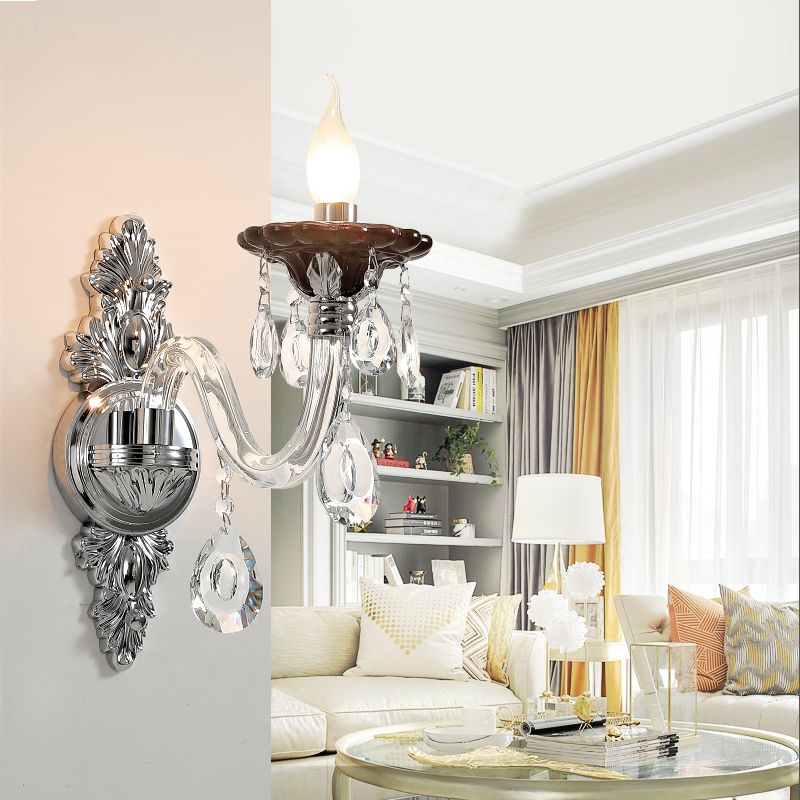 Silver Candle Wall Mounted Light Modern 1/2 Heads Crystal Drop Sconce Light for Bedroom