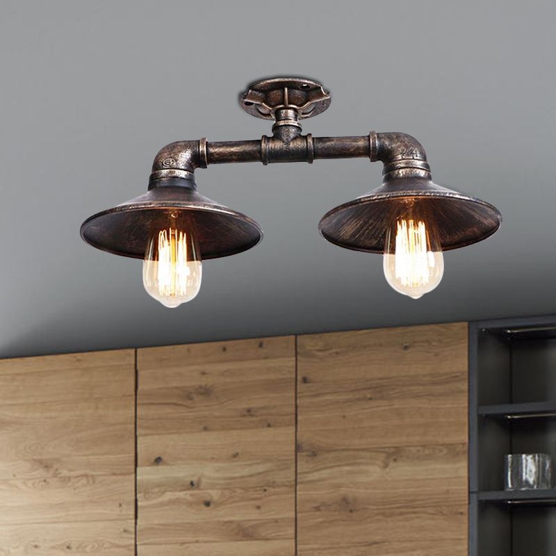 Platillo de hierro forjado, lámpara semiempotrada, estilo industrial, 2 luces, lámpara de montaje en techo para sala de estar, en bronce/plata envejecida