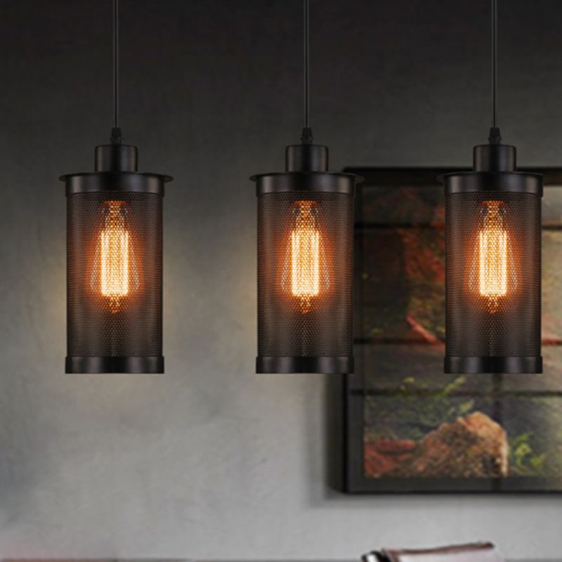 Black Cylindrical Iron Cage Hanging Light Retro Industrial Style Single Bulb Pendant Fixture