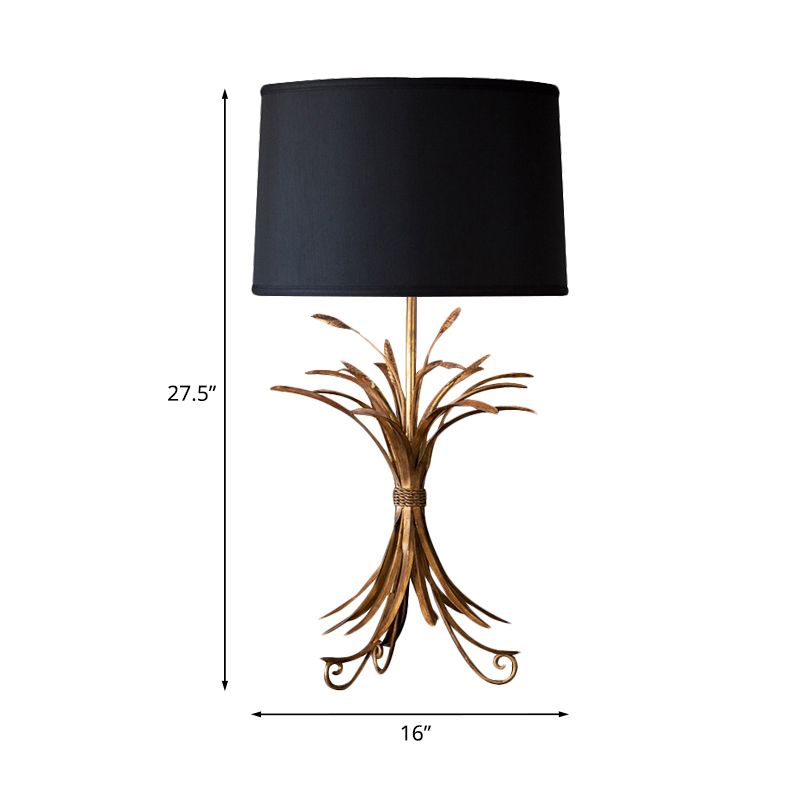 Drum Shade Bedroom Night Table Lighting Rustic Fabric 1-Bulb Black Finish Nightstand Light with Wheat Bunch Base
