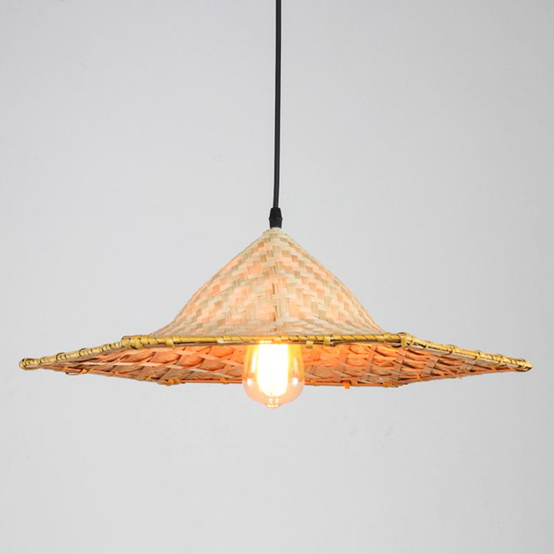 Asian Inspired Farmers Hat Pendant Bamboo Woven 1 Head Diner Ceiling Lamp in Wood