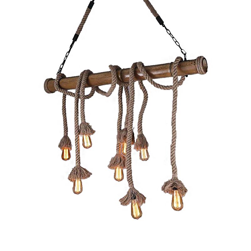 Rope Exposed Bulb Island Pendant Light Industrial 4/8 Light Dining Room Hanging Lamp in Beige