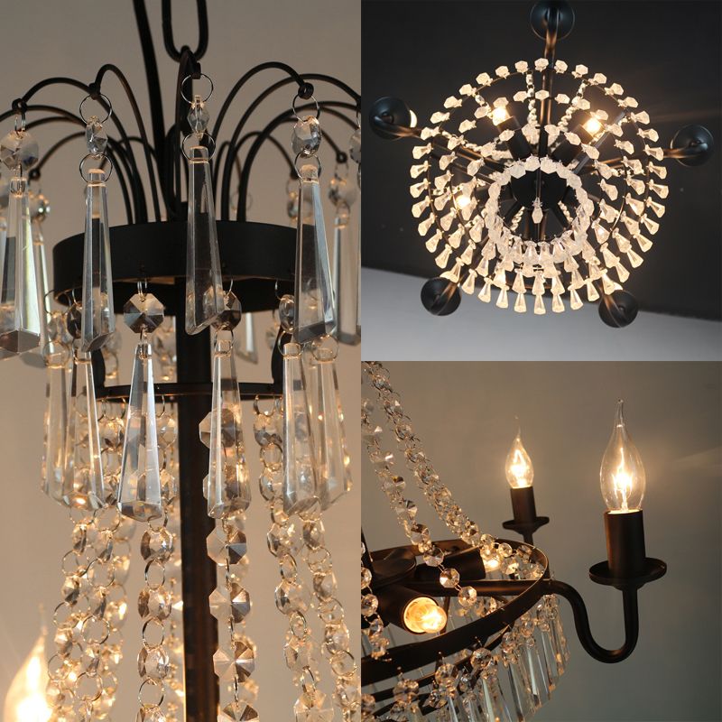 5 Lights Crystal Empire Chandelier Light Country Black Exposed Bulb Living Room Pendant Lighting