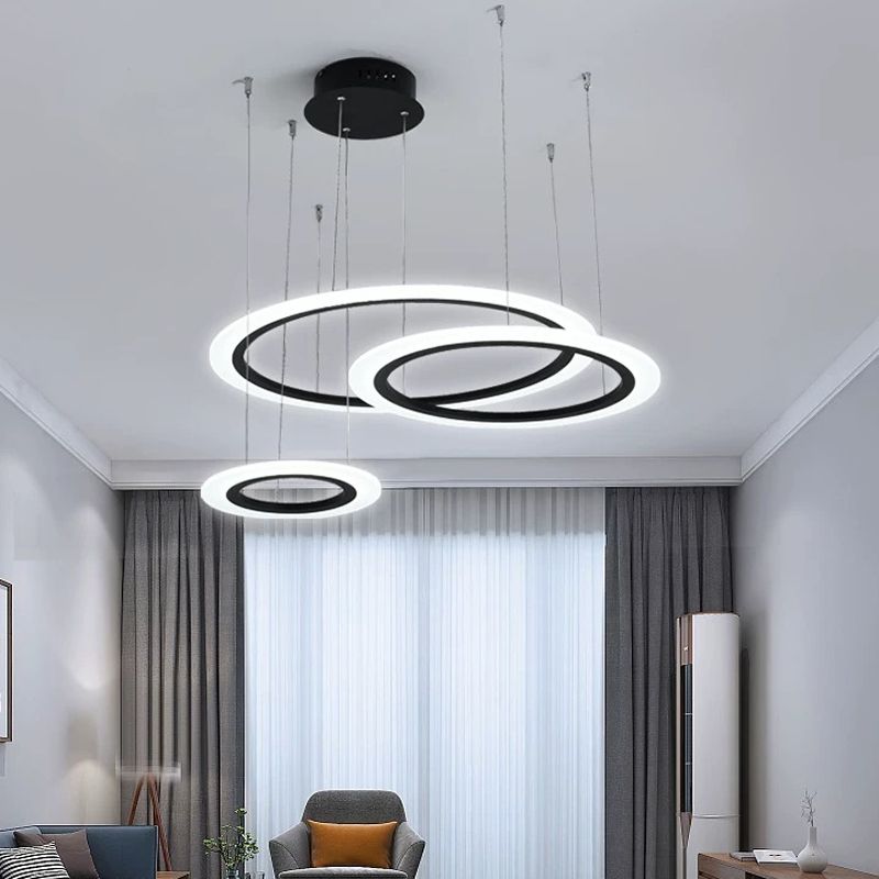 Contemporary LED Hanging Light Kit Black 3/4 Tiered Halo Ring Chandelier with Acrylic Shade