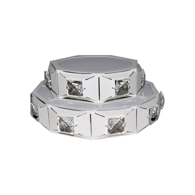 Minimal 2-Tier Geometry Ceiling Lighting Acrylic Porch LED Crystal Flush Light Fixture in Chrome with Hollow-out Design