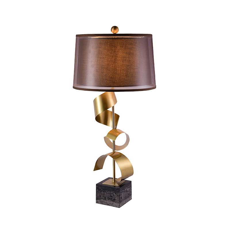1 Bulb Night Lighting Traditional Bedroom Table Lamp in Red Brown with Drum Fabric Shade