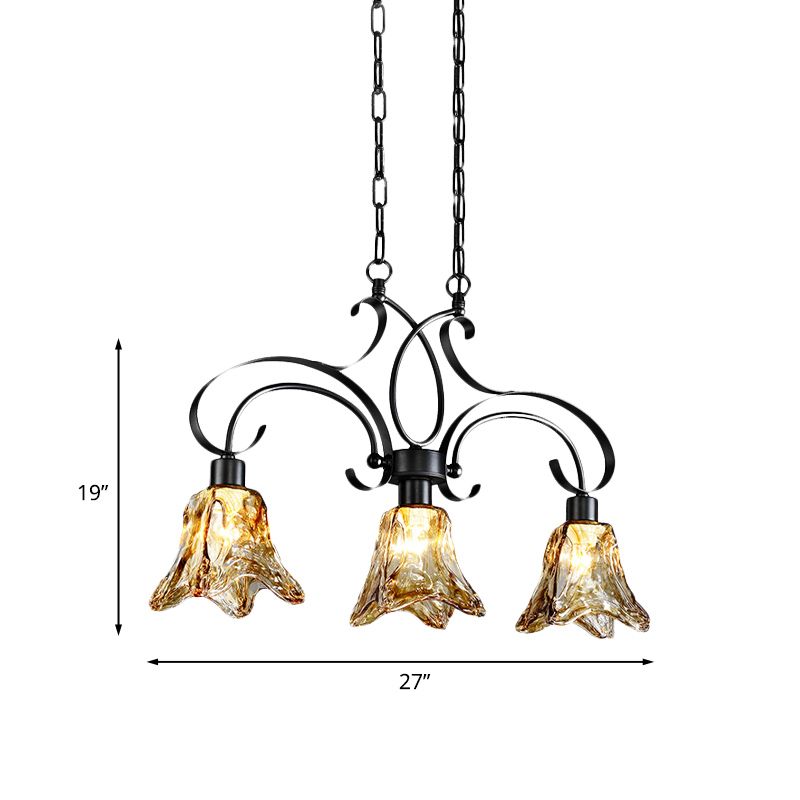 Amber Glass Black Island Lamp Floral 3 Heads Traditionalism Down Lighting Pendant for Dining Room
