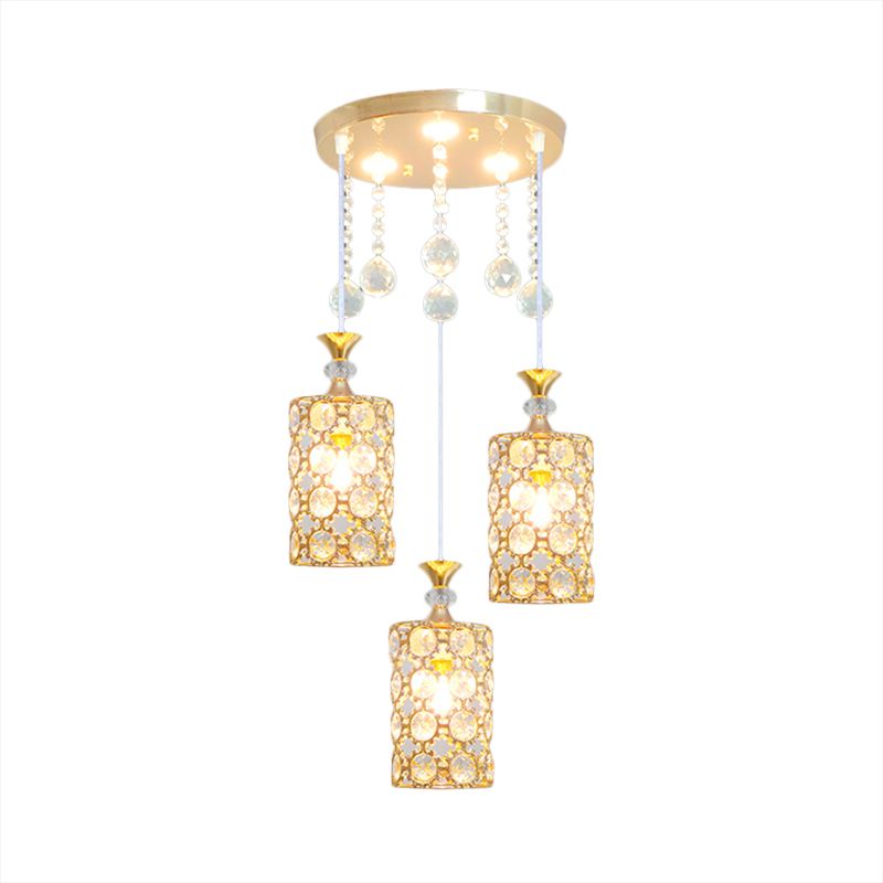 Kristallverdauter Zylinderhängellicht zeitgenössische 3 Lampen Gold-Finish-Multi-Anhänger