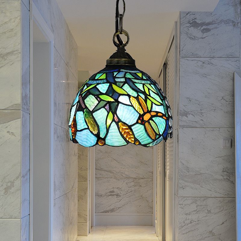 Domed Hanging Lamp 1 Head Aqua Hand Cut Glass Mediterranean Hanging Pendant Light with Dragonfly Pattern