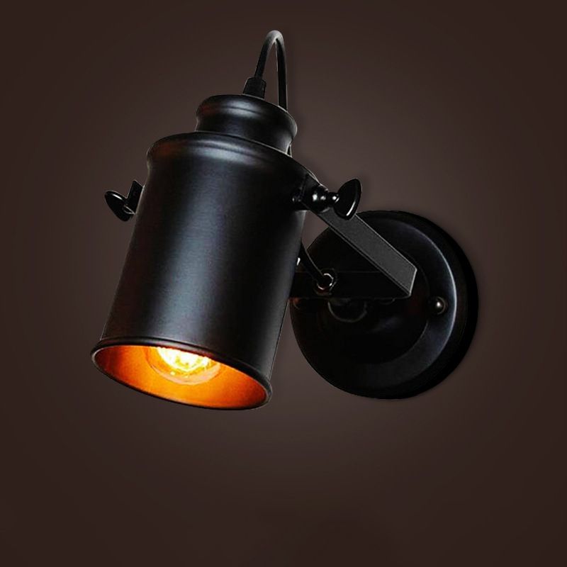 Winkel einstellbarer industrieller Wandlampe 1-Licht Metallzylindrischer Schatten Vintage Leuchten in Schwarz in Schwarz