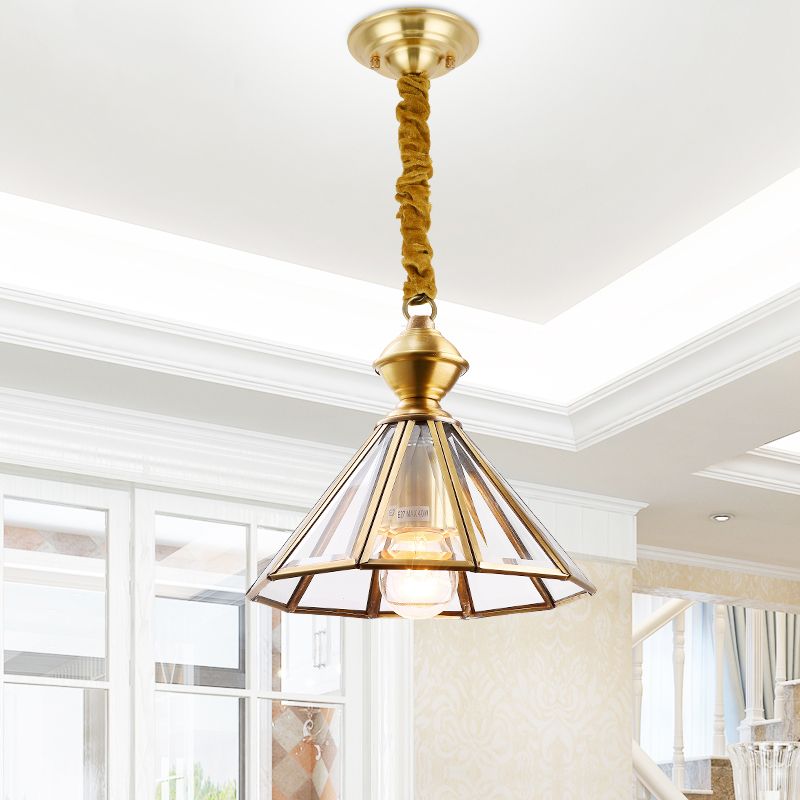 1 Bulb Hanging Ceiling Light Traditional Living Room Suspension Pendant Lamp with Cone Clear Glass Shade