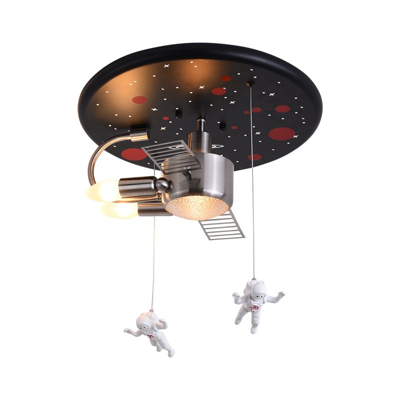 Lámpara empotrada satélite espacial negra para niños, 16 "/22" de ancho, 2 luces, escultura de astronautas de resina, accesorio de techo