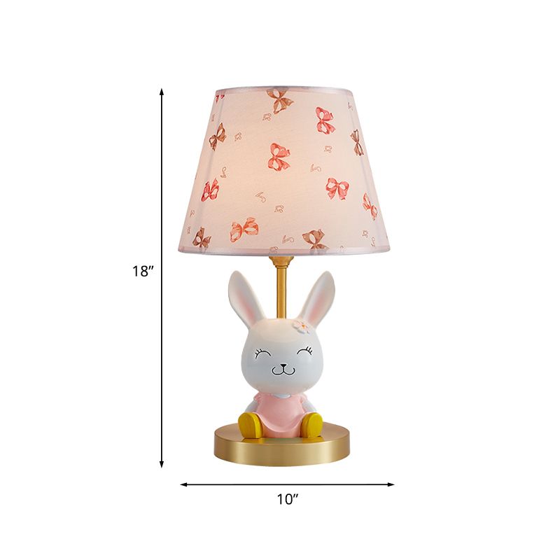 Cartoon Rabbit Night Stand Light Resin Single Bedroom Table Lamp with Tapered Fabric Shade in Pink and White