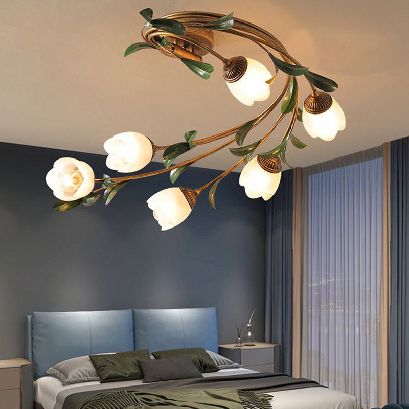 American Style Ceiling Light Flower Shape Ceiling Lamp with Glass Shade for Living Room