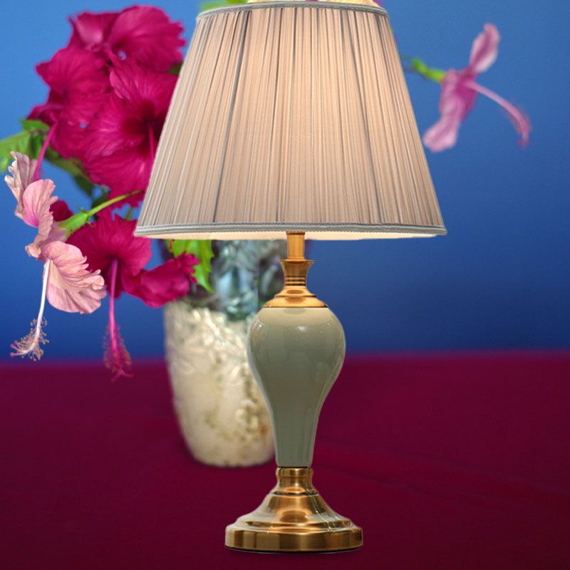 Ceramic Urn Table Lighting Vintage 1 Bulb Bedside Nightstand Light in Aqua/Beige/Silver Grey with Tapered Fabric Shade